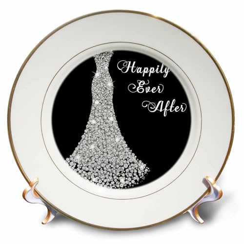 3dRose 8 inch Porcelain Plate - Image of Sparkle White Wedding Gown with Happily Ever After text Quotes