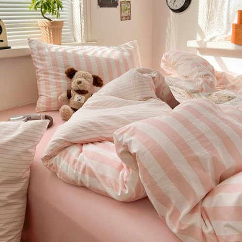 Image of Striped Duvet Cover Queen Size Pink White Stripes Bedding Set Modern Vertical Striped Reversible Duvet Cover Set Soft Lightweight Microfiber Quilt Cover with Zipper Closure and 2 Pillowcases