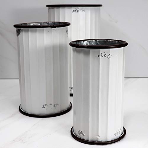 Silvercloud Trading Co. Set of (3) Corrugated Galvanized, Painted White Tin Can for Outdoor or Indoor - 7.25" 8.25" & 10" Tall - Great for Floral Display or Storage c
