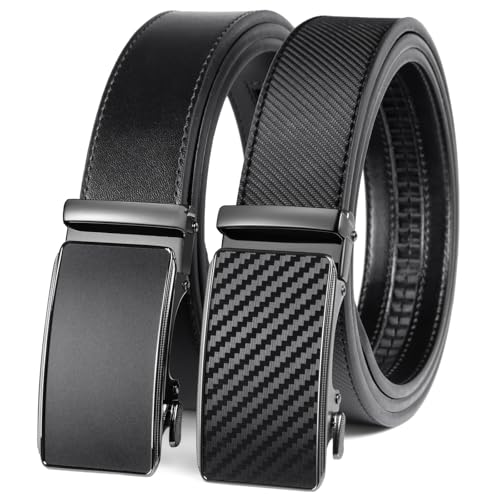 Image of 2 Pack Ratchet Belt 1 3 /8 inch, Mens leather Dress Belt in Gift Set Size 28 inch-62 inch Adjustable waist Trim to Fit