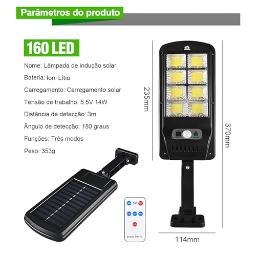 Luminária Solar Led 160 Cob Parede Refletore Sensor Controle (8 treliças)