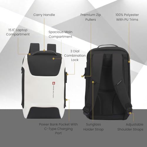 Image of SWISS MILITARY LUKE 23L 15.6 inch Laptop Backpack for Men & Women, Polyester, Padded Laptop & iPad Compartment, USB A & C Charging Port, TSA Lock, Multiple Quick Access Pockets, Keychain Holder