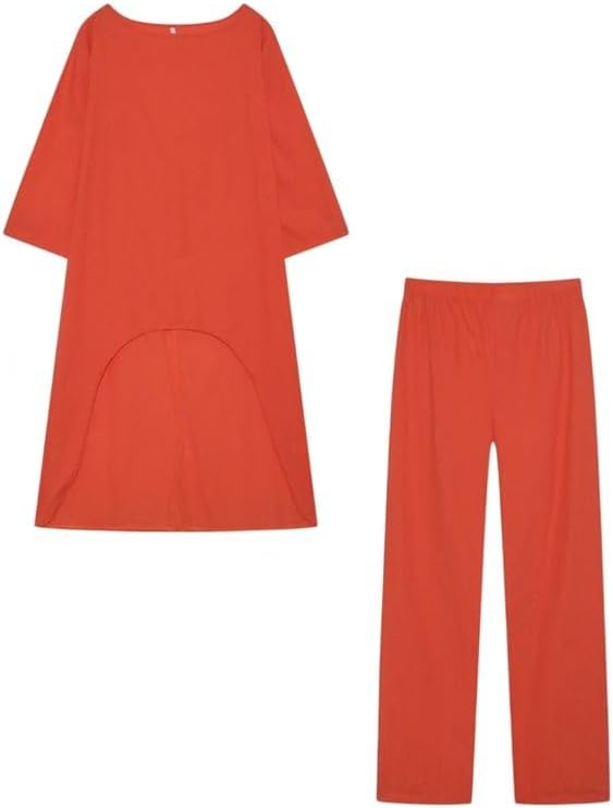 Women Cotton Linen Long Sleeve Two Piece Set Wide Leg Pants Casual Outfit Orange XL
