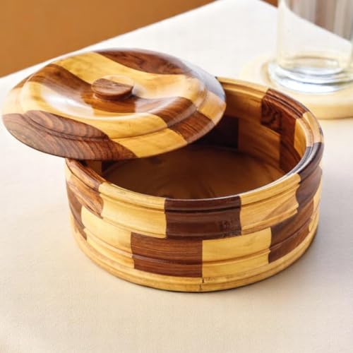 Image of Casserole for Roti /Chapati | 9 Inch Chess Design Roti Box with Lid | Premium Wooden Roti Dabba for Kitchen & Dining Two-Tone Brown