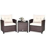 KOTEK 3 Piece Patio Furniture Set, Outdoor Conversation Set with Washable Cushions & Tempered Glass Tabletop, PE Rattan Wicker Bistro Set for Porch, Garden, Balcony (White)