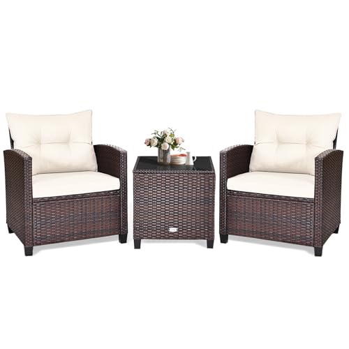 KOTEK 3 Piece Patio Furniture Set, Outdoor Conversation Set with Washable Cushions & Tempered Glass Tabletop, PE Rattan Wicker Bistro Set for Porch, Garden, Balcony (White)