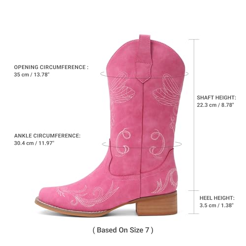 Image of DREAM PAIRS Women's Square Toe Cowboy Cowgirl Boots Pull On Low Chunky Heel Mid Calf Western Boots with Embroidered Stitched for Theme Party Country Concert