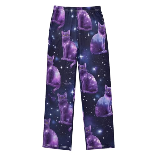 Cat Galaxy Star Boys Long Pants Soft Trousers Elastic Waist Kids Lounge Bottoms with Pockets S-XL