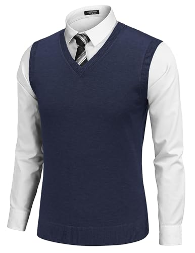 COOFANDY Men's Sleeveless Sweater Vest Lightweight V-Neck Solid Cotton Vest Pullover,Navy Blue,Medium