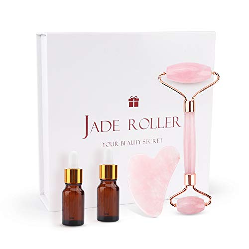 Yokilly Jade Roller for Face, 4 in 1 Jade Face Roller and Gua Sha Set, Anti-Aging Rose Quartz Roller Facial Massager, Authentic Facial Beauty Skin Care Tools for Women