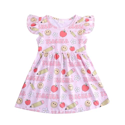 Toddler Girl Back to School Dress Ruler Pencil Print Ruffle Bottom Casual Dress Summer Outfits 3-8Y