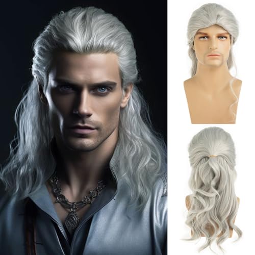 Dsimeig Long Wavy Grey Wigs for Men Synthetic Heat Resistant Cosplay Halloween Costume Wig