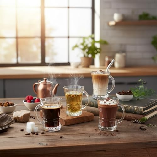 Clear Glass Coffee and Tea Cups with Handle, Set of 6, Small Glass Mugs for Espresso, Cappuccino, Latte, Mocha, Turkish Tea, Herbal Teas, Hot & Cold Drinks, Modern Durable Drinkware for Beverages 5 oz by yersiz - Image 6