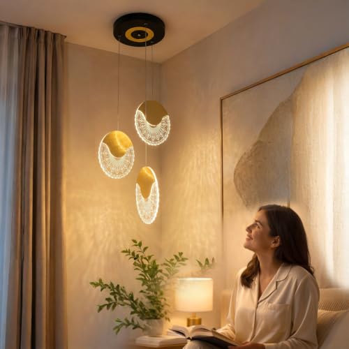 Image of Lamp master 3 Lumiround Modern LED Pendant Light | Premium Gold Finish Acrylic Hanging Ceiling Light | Adjustable Height | Decorative Chandelier for Living Room, Bedroom, Dining Room | Warm White