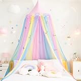 Château arc-en-ciel magique : transformez n'importe quel espace en un pays des merveilles de conte de fées Notre auvent arc-en-ciel dispose de 7 couleurs dégradées se mélangeant comme un véritable arc-en-ciel, accentué avec des pompons dorés en forme d'étoile et de lune. Le dôme rose crée des effets d'éclairage de rêve, tandis que les autocollants papillon inclus permettent aux filles de personnaliser leur jardin secret