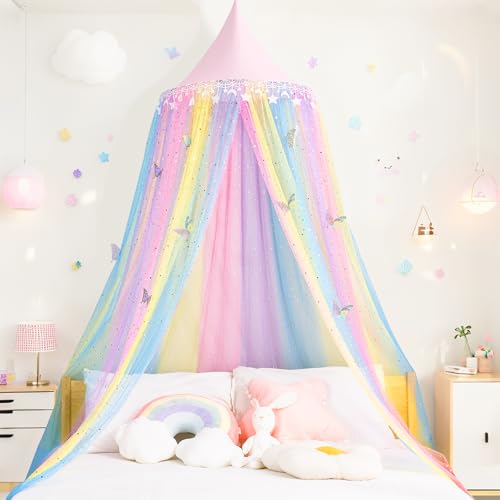 STAOLENE Bed Canopy for Girls, Shiny Star Moon Princess Crib Curtains with Butterfly Stickers, Dreamy Mosquito Net Reading Nook Canopy for Girls Room, Play Tent