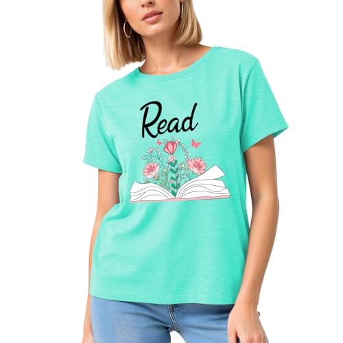 Image of Read Book Shirt for Women-Reading Teacher Tee Tops Pink Flower and Butterfly Short Sleeve Cute Book Shirt
