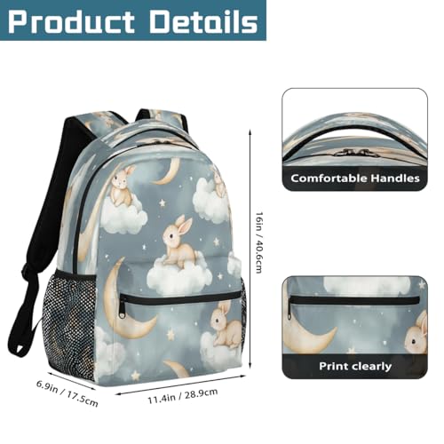 Cartoon Rabbits Clouds Moon Kids Backpack, Lightweight School Bookbag Large Capacity Laptop Backpack Water Resistant Daypack Shoulder Bag for Teenager Boys Girls2