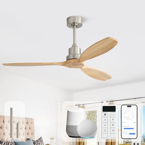 Image of Sofucor 52 Inch Solid Wood Ceiling Fans no Light, Works with App /Alexa /Google, Dimmable 6-Speed Outdoor Ceiling Fan with Remote for Indoor Bedroom Living Room Outdoor Patio Porch