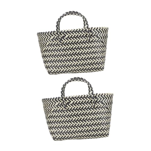 TINEASUR Cestas Compra Tejidas Pequeñas De Plástico Negro Con Asas, Cesta Resistente De Pp Para Verduras, Almacenamiento y Uso Urbano, Pack 2 Piezas Para Picnic y Hogar