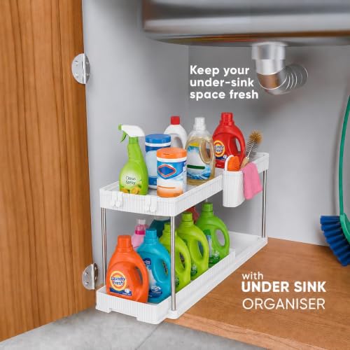 Image of Xmart India 2 Tier Under Sink Organizer, Pull Out Cabinet Storage Rack with Sliding Drawers & Hooks, Kitchen Cabinet Organizer, Bathroom Storage Shelf, Pantry & Laundry Organizer (1, White)