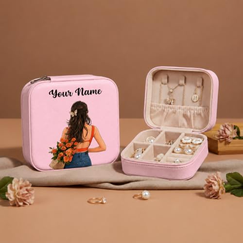 Image of PRIMIT Personalized Jewelry Box with Name & Birth Flower - Custom Travel Jewelry Organizer Case - Bridesmaid, Birthday, Christmas Gift for Women & Girls (Rustic Bloom)