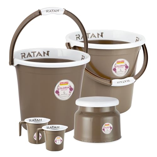 Image of RATAN PLASTICWARE Plastic Bathroom Set of 5 Pieces Combo Pack Gloria Plain 18 Liters 2 Pieces Bucket + Nova Stool Patla 107 + Two Gloria Plain Bath Mug 1 Liter Color Light Brown