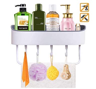 KLYNGTSK Organizador de Ducha Autoadhesivo Estanterias de Baño sin Taladro Estante para Ducha con 4 Ganchos y 1 Toallero Estante de Cocina Organizador de Champú para Baño y Cocina (Blanco)