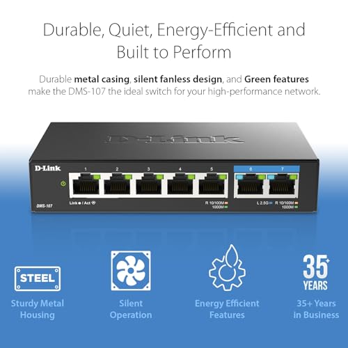 Image of D-Link 7-Port 2.5GB Unmanaged Gaming Switch with 2 x 2.5G, 5 x 10 /100 /1000 Mbps - Multi-Gig, Network, Fanless, Plug & Play (DMS-107) Black