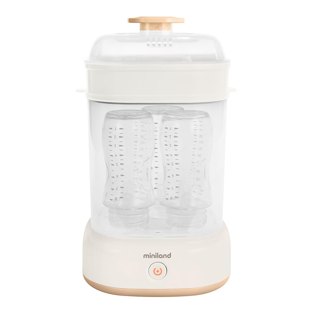 Miniland - Mini Steamy Esterilizador a Vapor, Gran Capacidad para Biberones, Chupetes y Tetinas, Unisex, Apto para Lavavajillas, Automático, Sin Químicos (Beige)