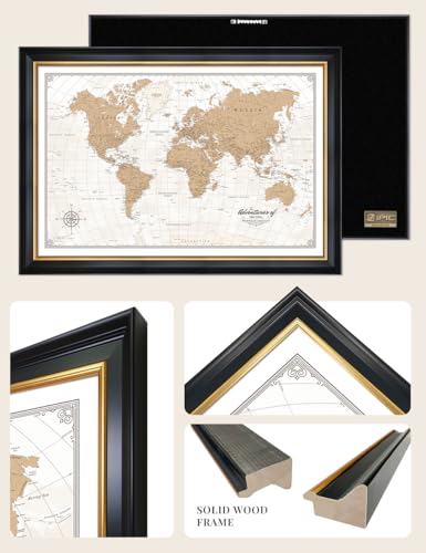Image of IPIC - Custom Vintage World Map Canvas Wall Art, Personalized Artwork With Names and Message, Framed Travel Decor for Home, Office, or Study, Push-in Map for Travel Lovers