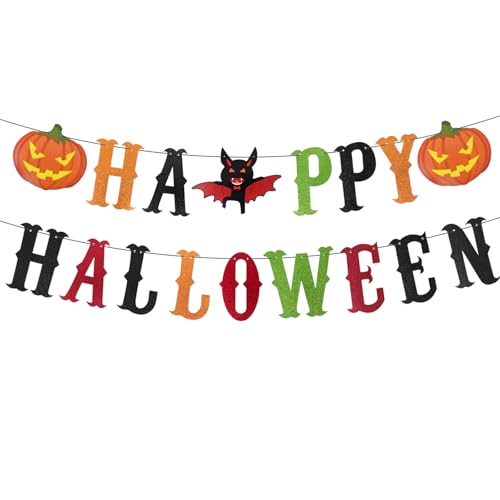Halloween Party Decorations Happy Halloween Banner Glitter Pumpkin Bat Bunting Hanging Banner for Home Indoors Mantle Wall Photo Props F4-WSZMLQ