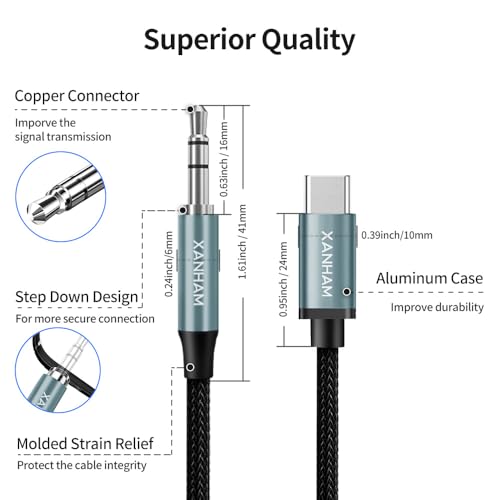 XANHAM USB Type C to 3.5mm Aux Jack Adapter Cable USB C to 3.5mm Headphone Stereo Male to Male Cord Compatible with iPhone 15 Plus/15 Pro Max, Galaxy S24 S23 S22 S21 Ultra, Pixel, iPad 6.6 Feet/2M by XANHAM - Image 4