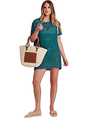 Anrabess Cover Ups For Swimwear Women Swimsuit Coverup Crochet Swim Up Beach Tops Fishnet Bikini Dresses Bathing Suit Cute Dress 2023 Summer Hollow Out Clothes Cyan #TOP1