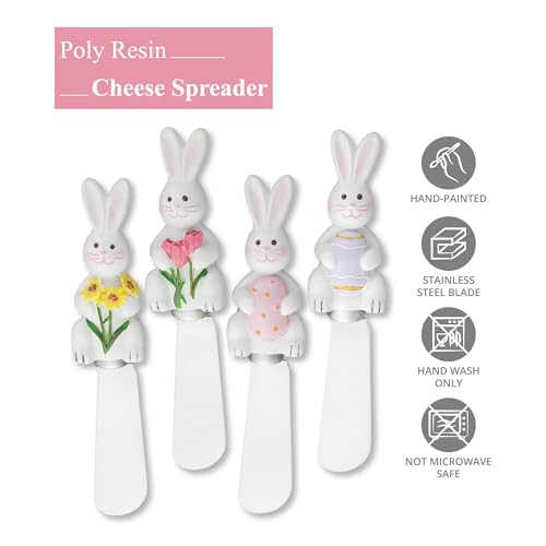 Wine Things Easter Bunny Cheese Spreaders, Hand-Painted Resin Handles with Stainless Steel Blades for Spreading Cream Cheese, Butter, and Jam, Assorted Designs, Set of 4