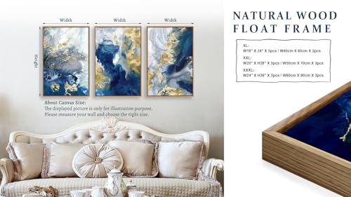 tigeridge Abstract Ocean Framed Wall Art - Rich Blues Canvas Pictures Wall Decor Turquoise Gold Accents Painting Artwork Coastal Prints for Living Room Home Decor 28 x 20in * 3, Natural Wood Frame - Image 7