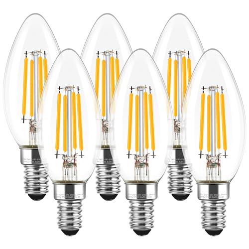 E14 LED Candle Light Bulbs Dimmable, 4W (Equivalent to 40W), Small Edison Screw (SES) 2700K Warm White Clear Filament - Pack of 6