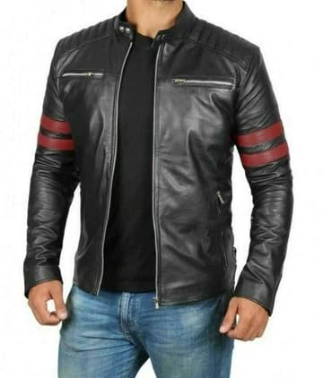Image of Men's Leather Jacket Cafe Racer Biker Style Retro Stripes Jacket, Motorcycle Racing Leather Jacket Men