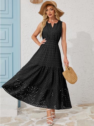 Image of Women 2025 Summer Maxi Dress Casual V Neck Sundress Sleeveless Hollow Out Eyelet a Line Long Flowy Beach Vacation