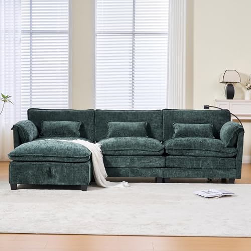 SACOOL Moderno sofá de 2 plazas de felpilla. Cómodo relleno de espuma y espuma viscoelástica. Con puerto USB, bolsillo lateral, soporte para teléfono móvil y taburetes modulares. Ideal para sala de