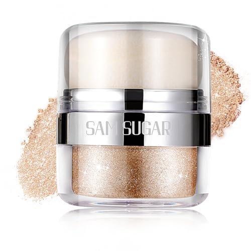 Body Shimmer Powder, Body Glitter Powder with Sponge Head, Eyes, Hair, Face Glitter for Women & Girls, 3D Contour & Long Lasting Luminous, Shimmer Makeup Perfect for Daily, Party (Champagne Gold)