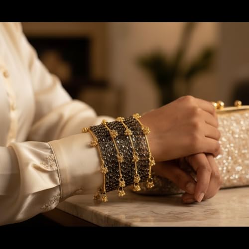 Image of Kashmiri Ghangharoo Glass Bangle Set for Women| Light Weight Bangles | Traditional Transparent Fancy Glass Chudi Set for Wedding, Party|Set Of 16(12 Glass + 4 ghungroo bangles)