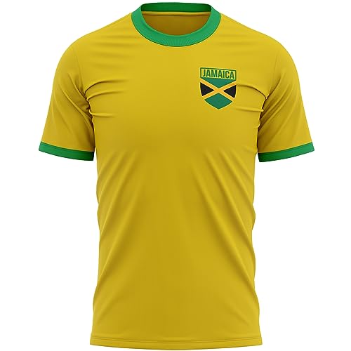 Image of Purple Print House Mens Jamaica Shirt Flag Football T Shirt Unisex Jamaican Retro Soccer Badge Supporter Him, S, Yellow/Green