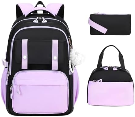 3Pcs Cute Backpack for Girls with Lunch Box & Pencil Case, Large Capacity Kids Bookbag for Elementary Middle School Students Waterproof Kawaii Preppy Aesthetic Plaid Backpack Age 4-16