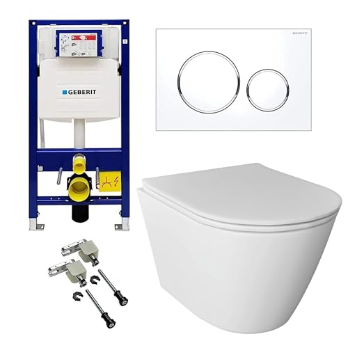 Alpenberger Hänge WC Komplettset | Spülrandloses WC | Klo mit Toilettenspülkasten Geberit Duofix Bausatz und Betätigungsplatte | Unterputz Spülkasten WC | Wand WC Set