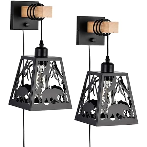 Plug in Wall Light,Rustic Bear Dimmable Wall Sconce,Farmhouse Matte Black Wall Sconces Set of Two,Wooden Metal Wall Mounted Lamp,Industrial Wall Lights for Bedroom,Living Room,Bedside,Hallway