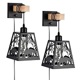 Sunnyin Plug in Wall Light,Rustic Bear Dimmable Wall Sconce,Farmhouse Matte Black Wall Sconces Set of Two,Wooden Metal Wall Mounted Lamp,Industrial Wall Lights for Bedroom,Living Room,Bedside,Hallway