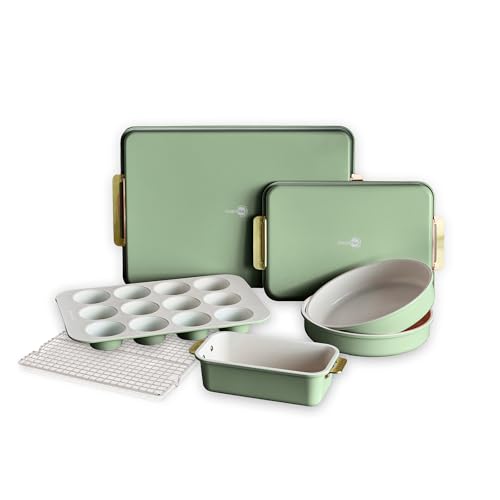 GreenPan Bakeware Set, 7 Piece Nonstick Ceramic Gold Handle Baking Sheets, Cake Pans, Loaf Pan, Muffin Tin, Cooling Rack, PFAS & BPA Free, Freezer to Oven Dish, Bake & Roast Ovenware, Sage Green