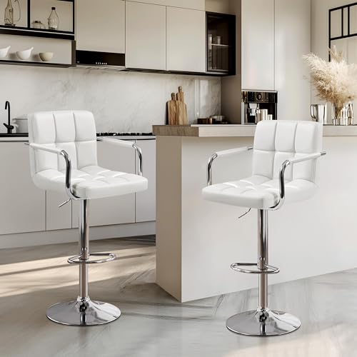 Image of Yaheetech Bar Stools Set of 2, Swivel with Backs, Adjustable Height, White