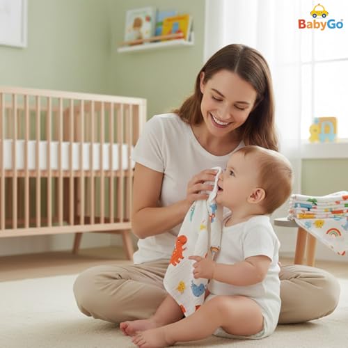 Image of BabyGo Cotton Extra Soft Muslin Washcloths for Newborn Baby | 100% Pure Cotton Reusable Face Towels & Hankies | Gentle Skin-Friendly Baby Towels 30x30 cm for Infants & Toddlers (Pack of 2)